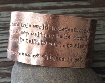 Custom Stamped Wide Copper Cuff - Unisex Men's or Women's Rustic Metal Bracelet - Personalized 7th Anniversary Gift - Quote Jewelry