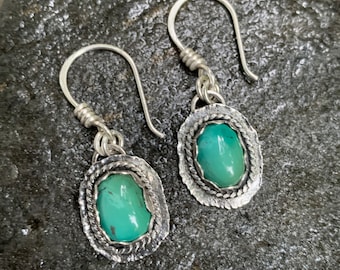 Unique Turquoise Gemstone Earrings - 925 Sterling Silver Metalwork Artisan Metalsmith Jewelry Gift for Her - December Birthstone