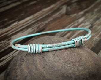 Verdigris Turquoise Patina Bangle - Rustic BOHO Wire Wrapped Copper Bracelet - Unique 7th Anniversary Jewelry Gift for Her
