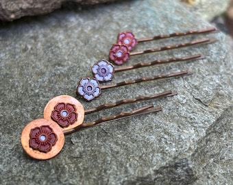 Unique Hair Pin Set of 6 - Purple Lavender Pink Copper Flower Hairpins / Floral Bobby Pins