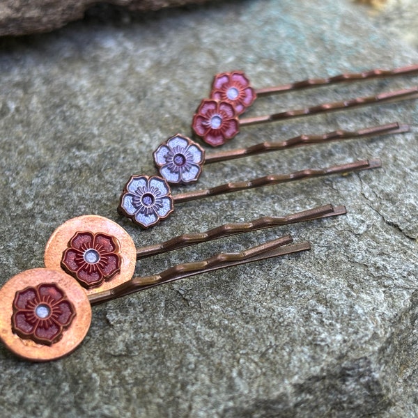Unique Hair Pin Set of 6 - Purple Lavender Pink Copper Flower Hairpins / Floral Bobby Pins