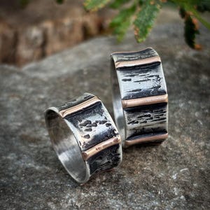 Silver & Gold / Celtic Bronze 10mm Wedding Band - Unique Rustic Distressed Ring for Men or Women Custom size - Modern Viking Jewelry