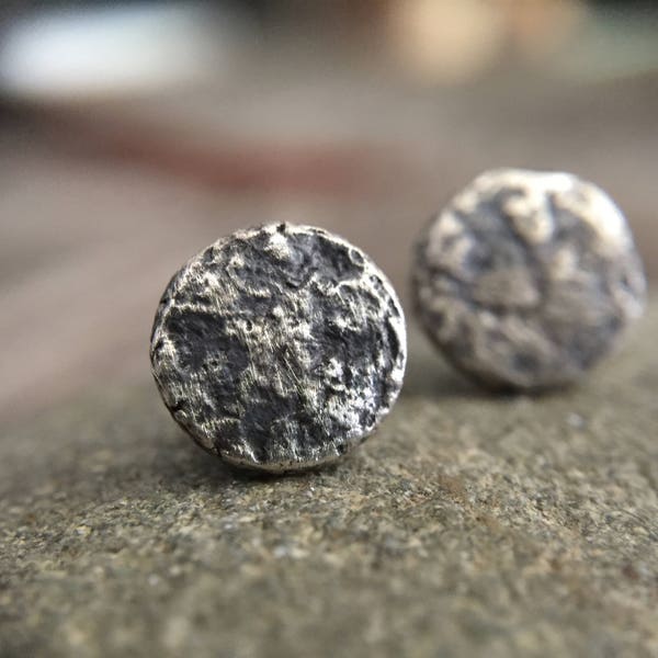 Rustic Distressed 925 Eco Friendly Reclaimed Sterling Silver Stud Earrings - 8mm Round - Organic Texture - Minimalist Unisex Jewlery