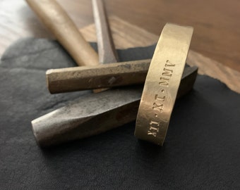 Raw Brass Shiny Gold Cuff for Men or Women - Custom Personalized Stamped / Engraved Roman Numeral Bracelet - Anniversary Jewelry Gift