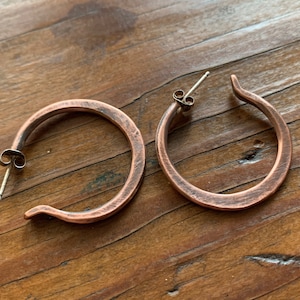 1" Large Dark Rustic Copper Hoop Earrings - Hand Forged Jewelry Gift for Her - Unique Viking, Celtic, Minimalist Style for Every Day Wear