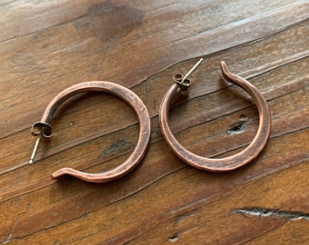 1" Large Dark Rustic Copper Hoop Earrings - Hand Forged Jewelry Gift for Her - Unique Viking, Celtic, Minimalist Style for Every Day Wear