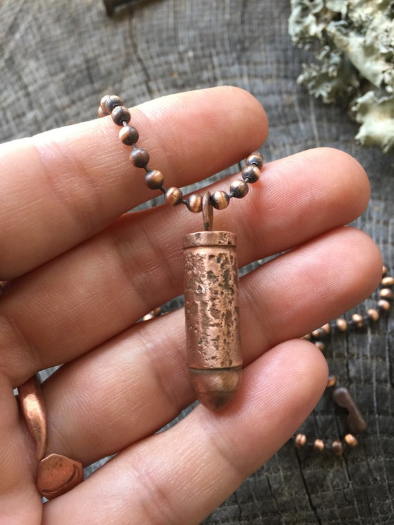 Distressed Bullet Pendant Rustic Copper 18 Ball Chain Necklace
