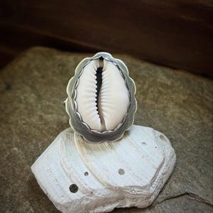 Cowrie Shell Ring in Oxidized Sterling Silver - Unique Rustic Beach Jewelry Gifts for Her