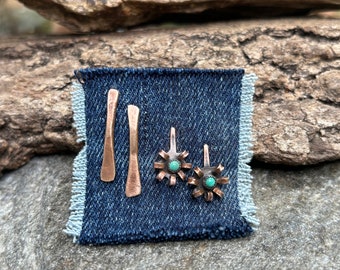 Set of 4 Rustic Copper Studs w/ 925 Sterling Silver Posts - Unique Bar Earrings w/ Turquoise December Birthstone Jewelry Gift for Her