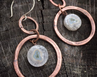 Copper Hoop Earrings w/ Solar Quartz Crystals - Unique Hand Forged Rustic Viking Metalsmith Jewelry - 7th Anniversary Gift