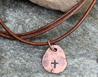 Copper Nugget Cross Pendant w/ Adjustable Brown Leather Necklace - Unique 7th Anniversary Gift - Unisex Christian Faith Jewelry