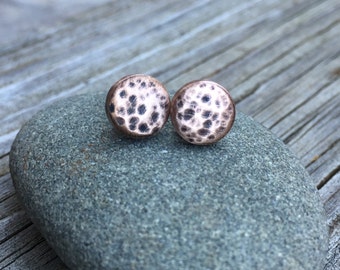 8mm Round Hammered Copper Studs - .925 Sterling Post Earrings - Rustic Copper Finish - Rustic Minimalist Artisan Crafted Jewelry