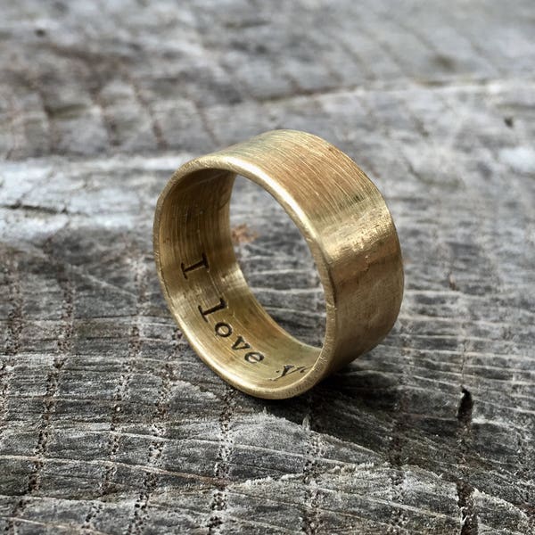 Men's Rustic 9mm Wedding Band - Thick Rugged Raw Brass Ring - Custom Size & Width with Personalized Stamping - Viking Jewelry