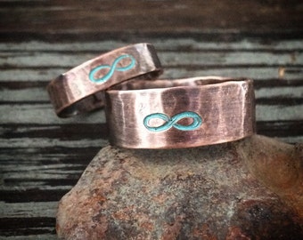 Rustic Copper Wedding Band - Custom Stamped Infinity Ring w/ Turquoise Patina - Unique Unisex 7th Anniversary Jewelry Gifts