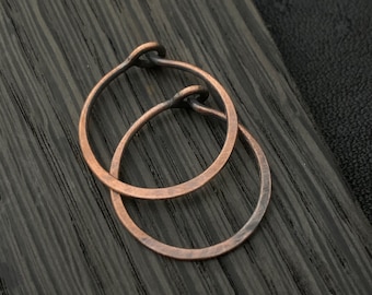Small Rustic Copper Hoop Earrings - 15mm 18g Rustic Minimalist Everyday Unisex Body Jewelry for Men or Women - Sold in Pairs or Singles
