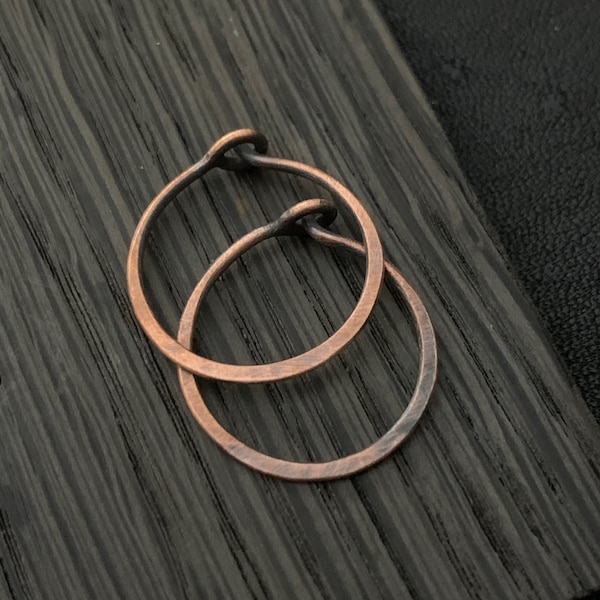 Small Rustic Copper Hoop Earrings - 15mm 18g Rustic Minimalist Everyday Unisex Body Jewelry for Men or Women - Sold in Pairs or Singles