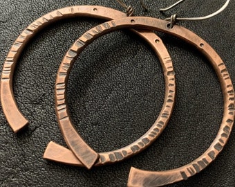 Unique Large 2" Copper Hoop Earrings - Rustic Textured Artisan Jewelry Gifts for Her - 7th Anniversary - Modern Viking / Celtic Style