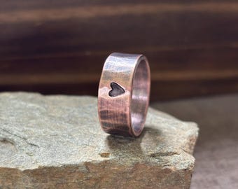 9mm Rustic Copper Heart Ring / Wedding Band or Choose a Custom Stamped Symbol - 7th Anniversary Jewelry Gift for Men or Women
