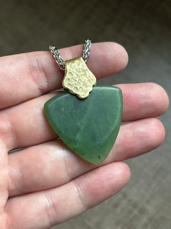 Canadian Nephrite Jade Guitar Pick Pendant W/ Hand Forged Brass