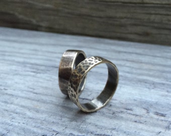 Rustic Oxidized Gold Brass Wedding Band Ring - 6mm Hammered or Brushed Gunmetal Finish - Unisex Men's or Women's Artisan Jewelry