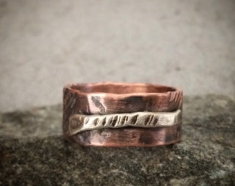 Distressed Rustic Ring Custom Sized - Unisex / Mixed Metal Copper Wedding Band w/ Sterling Silver Accents - BOHO Art Jewelry