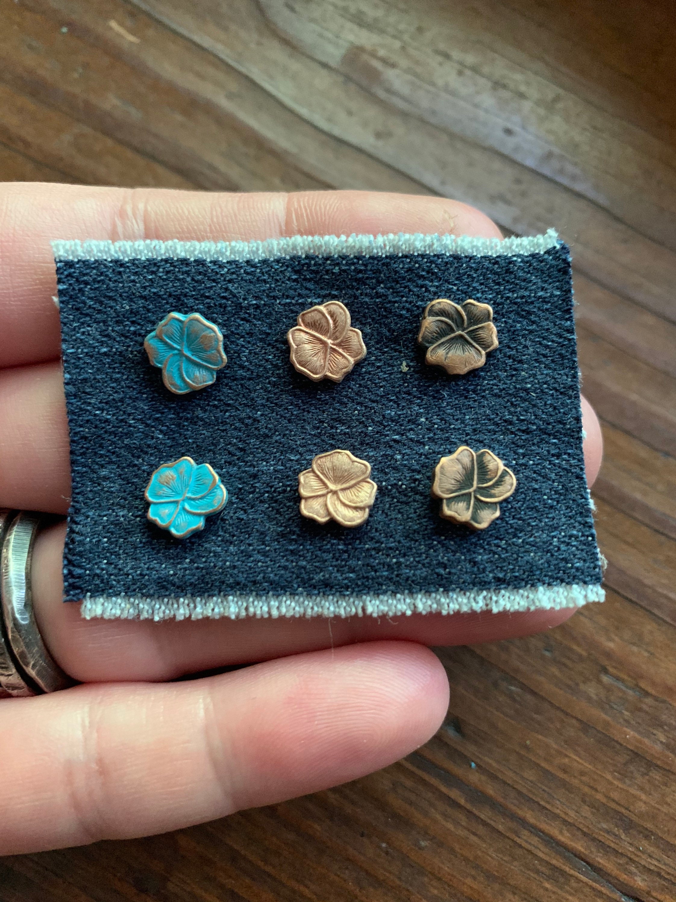 8mm Copper Stud Flower Floral Botanical Earrings in Raw, Rustic or Turquoise Patina - Choose a Pair or Set of 3 Pair - 7th Anniversary Gift
