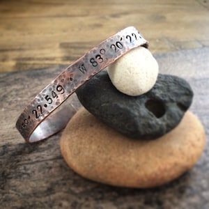 Custom Stamped Rustic Coordinates Bracelet - Oxidized Hammered Copper Cuff - 7th Anniversary Gift - Unique BOHO Jewelry Gifts for Him or Her