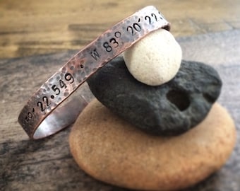 Custom Stamped Rustic Coordinates Bracelet - Oxidized Hammered Copper Cuff - 7th Anniversary Gift - Unique BOHO Jewelry Gifts for Him or Her