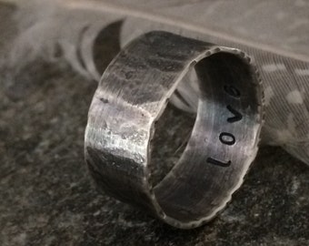 Custom Sized & Personalized Wedding Band - Rustic / Textured / Oxidized Sterling Silver Ring - Men's or Women's Unisex Bridal Jewelry