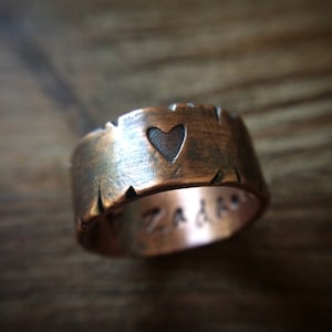 Custom Stamped Mother&#39;s Ring - Rustic Distressed Wide Copper Band - 7th Anniversary Boho Jewelry Gifts for Mom