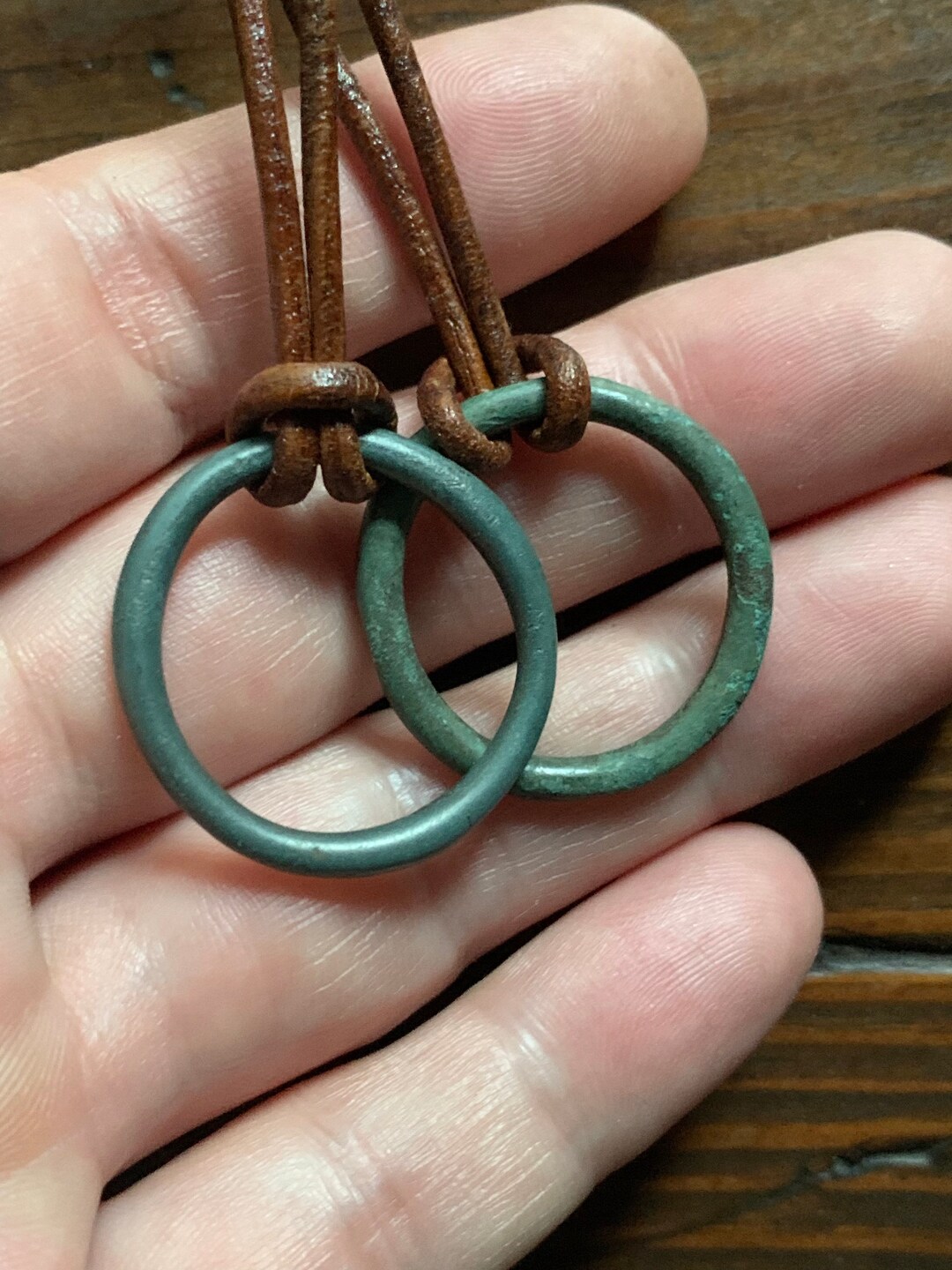 Silver Tone Brown Leather Pendant Necklace - Double Ring Adjustable Genuine Leather Statement Piece - View #5
