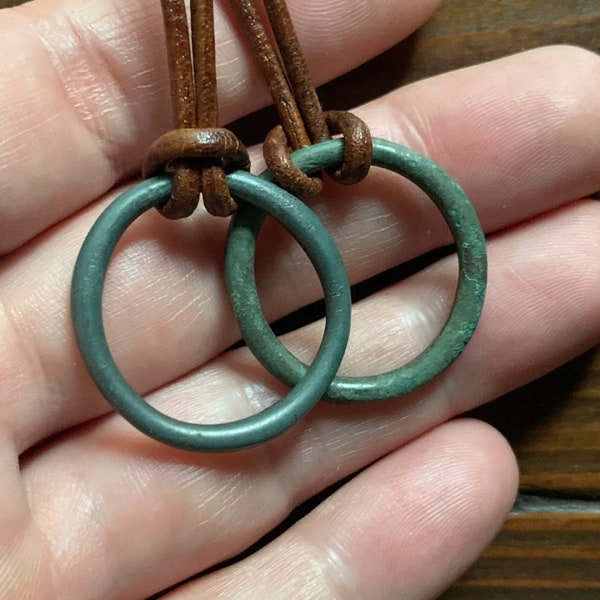 Genuine Viking Bronze Ring Artifact Circle Pendant - Brown Leather Necklace - Simple Unisex Jewelry Gift for Him or Her - Celtic Money Ring