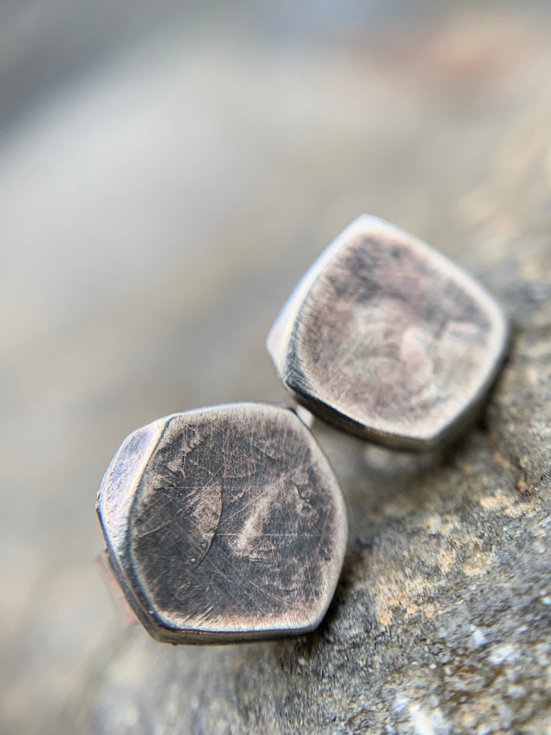 Rustic Sterling Silver Studs - Organic Oxidized Silver 6mm Earrings for Men or Women - Simple Everyday Wear Unisex Jewelry Gifts image 3