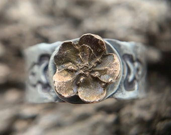 Wide Silver Band - 9mm Rustic Distressed Sterling Ring w Bronze Floral Botanical Forget Me Not Flower - Celtic / Viking Jewelry for Her