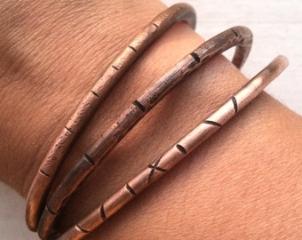 Thin Copper Wrist Cuff - Rustic Distressed Copper Stacking Bracelet - Unique Unisex Artisan Metalwork Jewelry