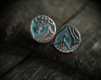 5mm or 7mm Turquoise Stud - Small Rustic Copper Floral Earrings w/ Sterling Silver Post - Unique Celtic / Viking Jewelry