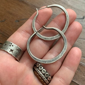 Large Sterling Silver Hoop Earrings in Oxidized or Raw Brushed Silver Finish - 3.5cm Classic Chunky / Hammered Rustic BOHO Everyday Jewelry