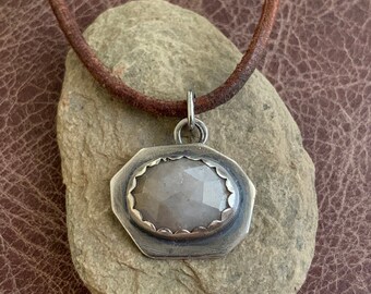 Grey Rose Cut Sapphire Pendant - 925 Sterling Silver w/ Brown Leather Adjustable Necklace Unique September Birthstone Jewelry Gift for Her