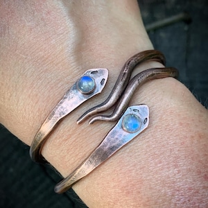 Snake Bangle Bracelet w/ Moonstone - Pure Organic Copper Jewelry - Set of 2 or Sold Individually - 7th Anniversary Gift