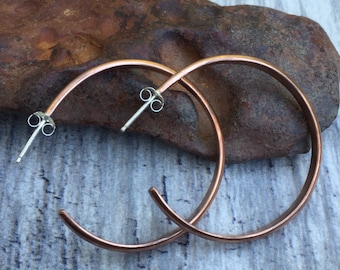 Simple Raw Copper Hoops - Large Minimalist Open Hoop Post Earrings for Everyday Wear - 1.5" or Custom Sizes Available