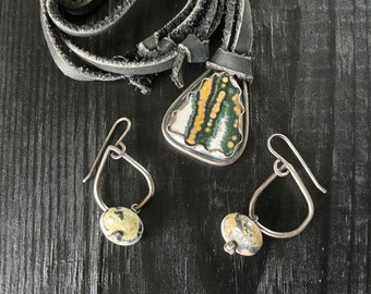 Yellow & Green Ocean Jasper Pendant Adjustable Black Leather Necklace w/ Matching Earrings Sterling Silver Artisan Jewelry Women's Gift Set