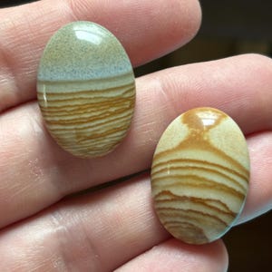Puede incluir: Dos piedras preciosas ovaladas con un patr&oacute;n en capas y bandas en tonos beige, marr&oacute;n y crema. Las piedras se sostienen en una mano, mostrando sus superficies pulidas y variaciones naturales.