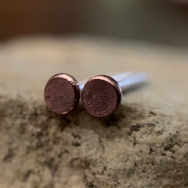 Tiny 2mm Copper Studs w/ Sterling Silver Post - Custom Sized Small Flat Hammered Rustic Earrings - Singles or Pair - 7th Anniversary Gift