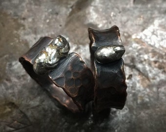 Unique Distressed Copper Ring w/ Sterling Silver Nugget - Dark Oxidized Rustic His & Her's Wedding or Anniversary Band Set