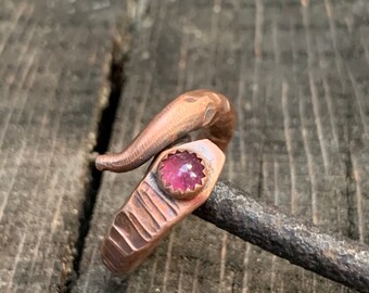 Thick Copper Snake Ring w/ Pink Tourmaline Gemstone Size 6.5 or Custom - Textured Rustic Serpent Ring for Him or Her - 7th Anniversary Gift