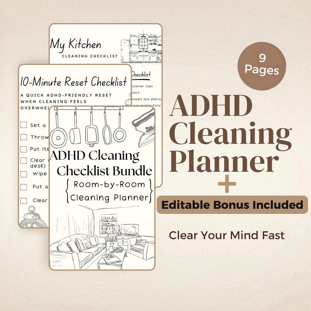 ADHD Cleaning Checklist Bundle, Printable Cleaning Planner for Adults
