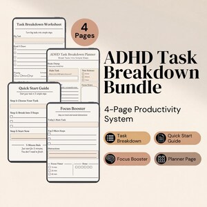 Pode incluir: Pacote de divisão de tarefas de TDAH, um sistema de produtividade de 4 páginas. A imagem mostra um planejador com planilhas, um guia de início rápido e um reforço de foco. O texto inclui "Task Breakdown", "Quick Start Guide".