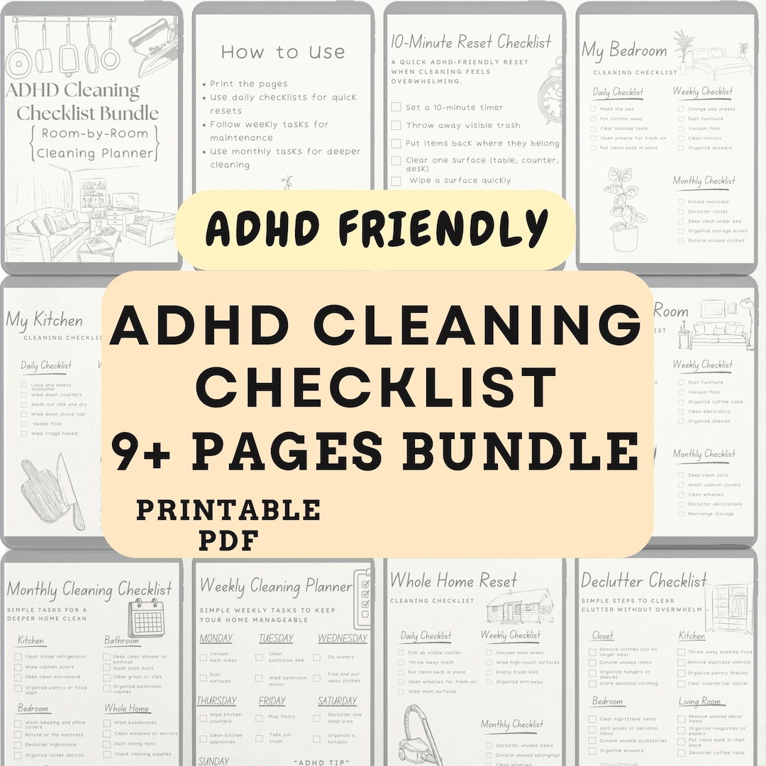 ADHD Cleaning Checklist Bundle | Room-by-room Schedule | Home