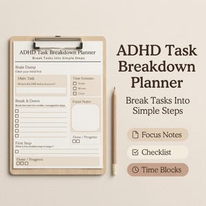 Puede incluir: Un portapapeles de madera con un planificador de desglose de tareas para el TDAH. El planificador incluye secciones para la lluvia de ideas, las tareas principales y la descomposición de las tareas. El texto dice "ADHD Task Breakdown Planner".