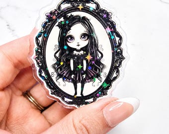 Magnetic Collapsible Kindle Grip/ Stand for E-Reader, Tablet, Smartphone Kindle Holder | Gothic Witchy Framed Doll Design